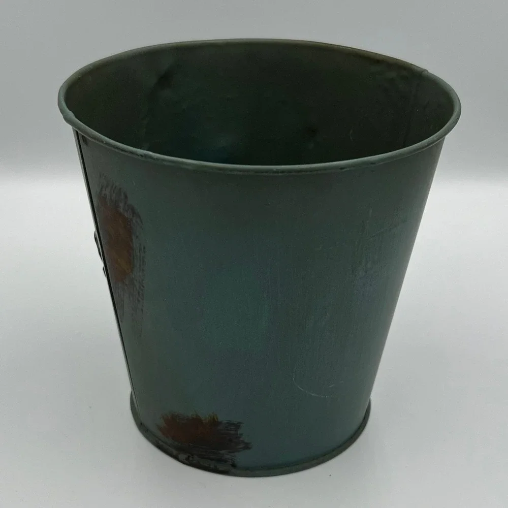 Metal Flower Planter Bucket OS Green Good Rustic 3D Floral Embossed